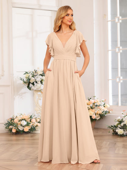Forme Princesse Col en V Longue Robes de soirée de mariage avec Côté fendu et poches