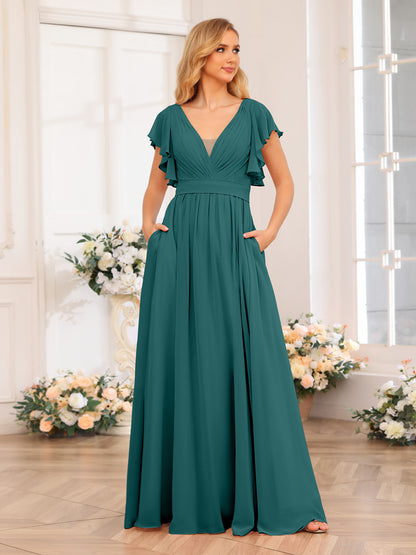 Forme Princesse Col en V Longue Robes de soirée de mariage avec Côté fendu et poches