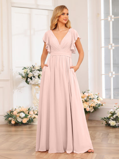 Forme Princesse Col en V Longue Robes de soirée de mariage avec Côté fendu et poches