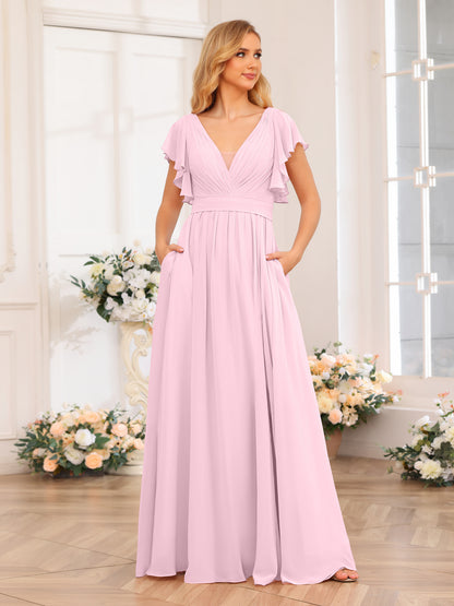 Forme Princesse Col en V Longue Robes de soirée de mariage avec Côté fendu et poches