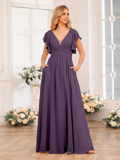 Forme Princesse Col en V Longue Robes de soirée de mariage avec Côté fendu et poches