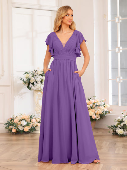 Forme Princesse Col en V Longue Robes de soirée de mariage avec Côté fendu et poches