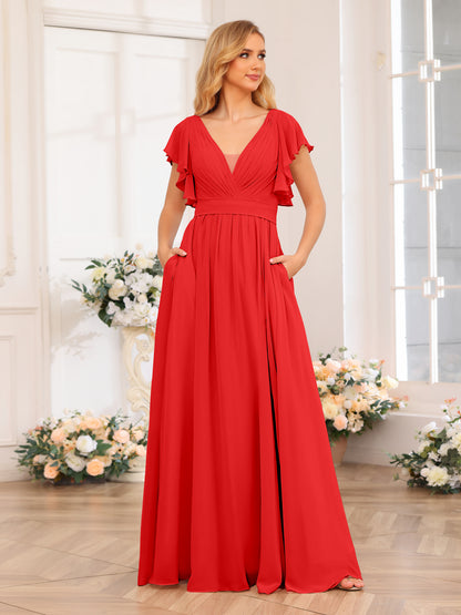 Forme Princesse Col en V Longue Robes de soirée de mariage avec Côté fendu et poches