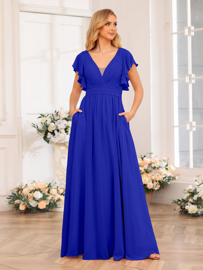 Forme Princesse Col en V Longue Robes de soirée de mariage avec Côté fendu et poches