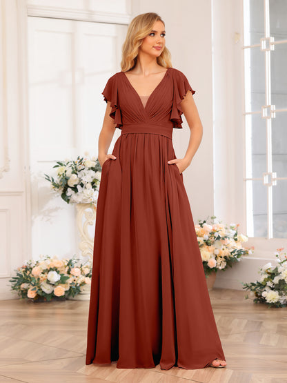 Forme Princesse Col en V Longue Robes de soirée de mariage avec Côté fendu et poches