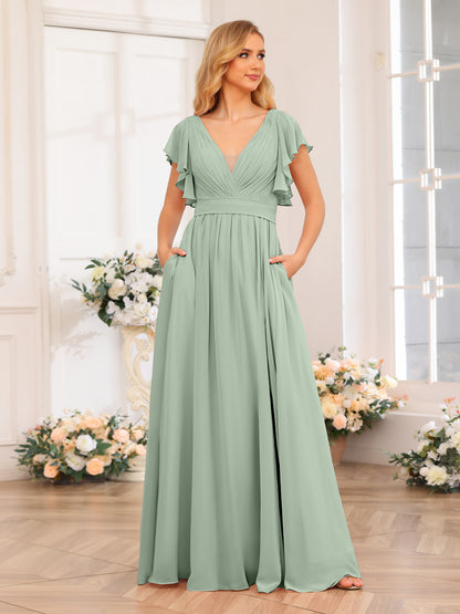 Forme Princesse Col en V Longue Robes de soirée de mariage avec Côté fendu et poches