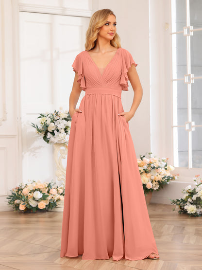 Forme Princesse Col en V Longue Robes de soirée de mariage avec Côté fendu et poches