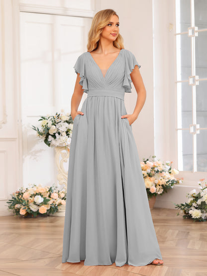 Forme Princesse Col en V Longue Robes de soirée de mariage avec Côté fendu et poches