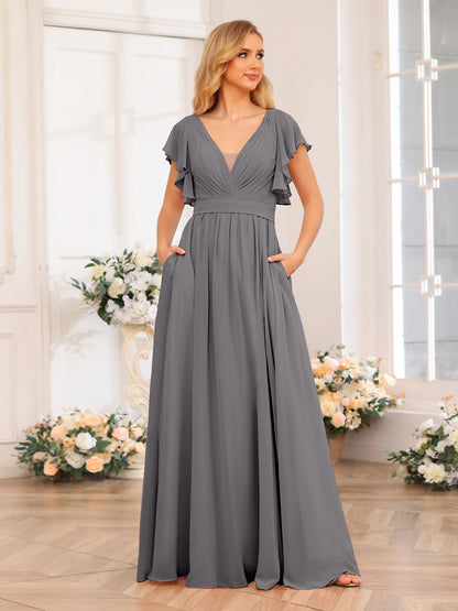 Forme Princesse Col en V Longue Robes de soirée de mariage avec Côté fendu et poches