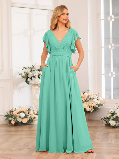 Forme Princesse Col en V Longue Robes de soirée de mariage avec Côté fendu et poches