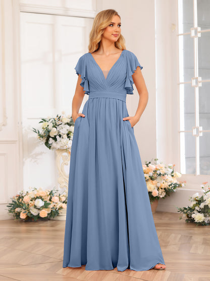 Forme Princesse Col en V Longue Robes de soirée de mariage avec Côté fendu et poches