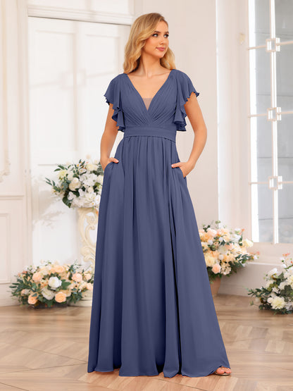 Forme Princesse Col en V Longue Robes de soirée de mariage avec Côté fendu et poches