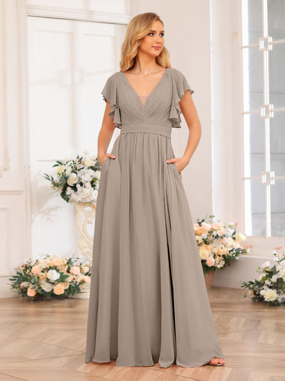 Forme Princesse Col en V Longue Robes de soirée de mariage avec Côté fendu et poches