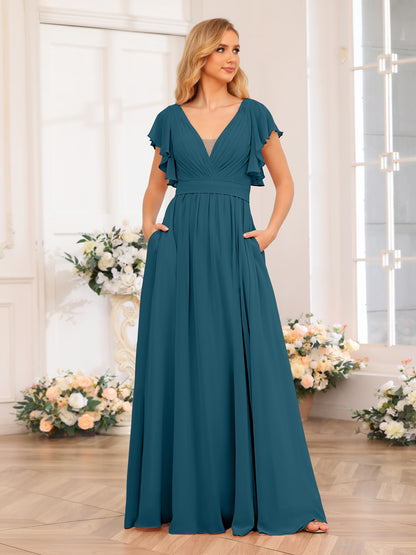 Forme Princesse Col en V Longue Robes de soirée de mariage avec Côté fendu et poches