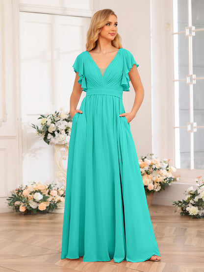 Forme Princesse Col en V Longue Robes de soirée de mariage avec Côté fendu et poches