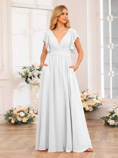 Forme Princesse Col en V Longue Robes de soirée de mariage avec Côté fendu et poches