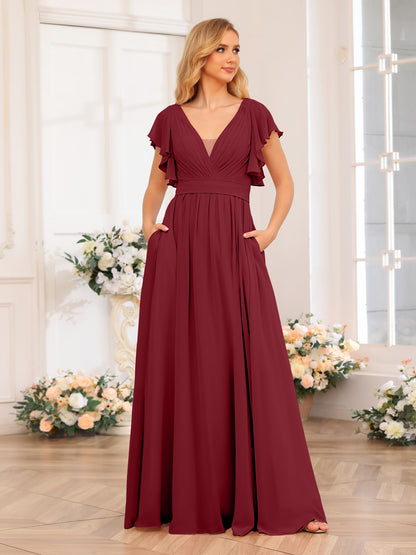 Forme Princesse Col en V Longue Robes de soirée de mariage avec Côté fendu et poches