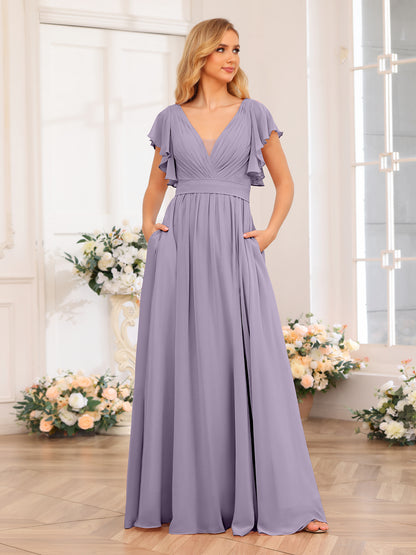 Forme Princesse Col en V Longue Robes de soirée de mariage avec Côté fendu et poches