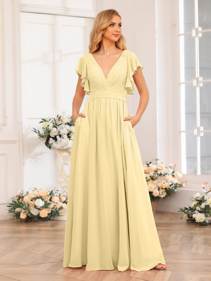 Forme Princesse Col en V Longue Robes de soirée de mariage avec Côté fendu et poches