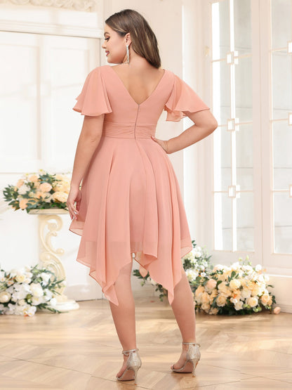 Robe de Mariée Courte Grande Taille, Coupe Trapèze/Princesse, Col en V avec Volants