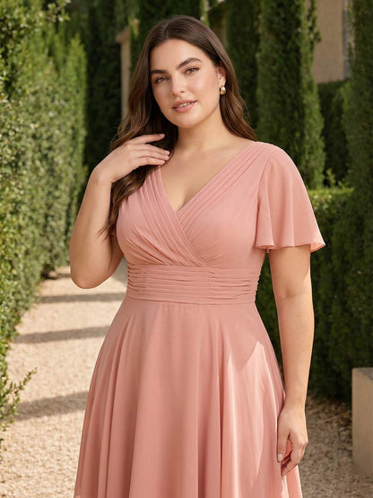 Robe de Demoiselle d'Honneur Grande Taille Ligne A/Princesse Col en V Manches Courtes Asymétrique avec Volants