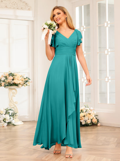 Forme Princesse Col V Longue Robes de soirée de mariage avec Volants