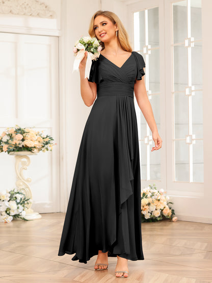 Forme Princesse Col V Longue Robes de soirée de mariage avec Volants