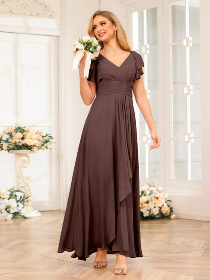 Forme Princesse Col V Longue Robes de soirée de mariage avec Volants