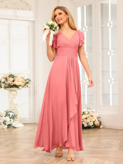 Forme Princesse Col V Longue Robes de soirée de mariage avec Volants