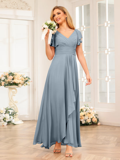 Forme Princesse Col V Longue Robes de soirée de mariage avec Volants