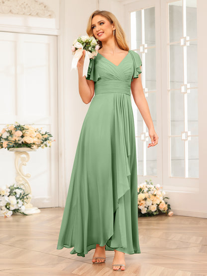 Forme Princesse Col V Longue Robes de soirée de mariage avec Volants