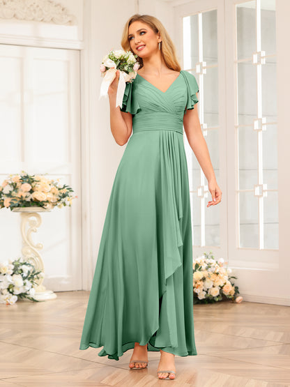 Forme Princesse Col V Longue Robes de soirée de mariage avec Volants