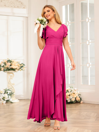Forme Princesse Col V Longue Robes de soirée de mariage avec Volants