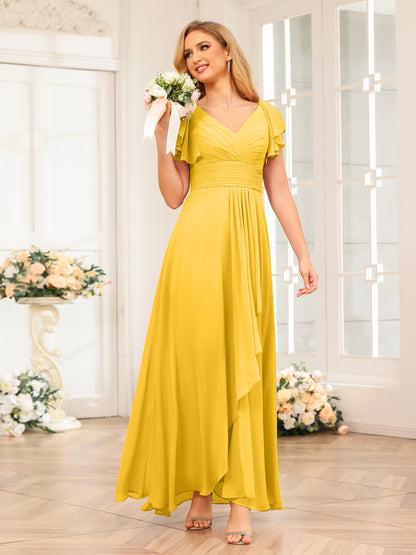 Forme Princesse Col V Longue Robes de soirée de mariage avec Volants