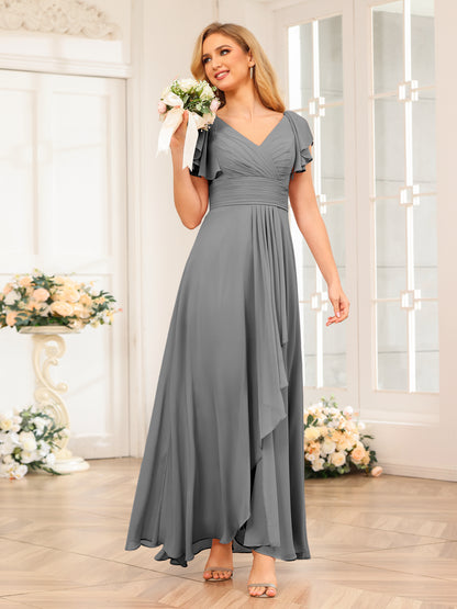Forme Princesse Col V Longue Robes de soirée de mariage avec Volants