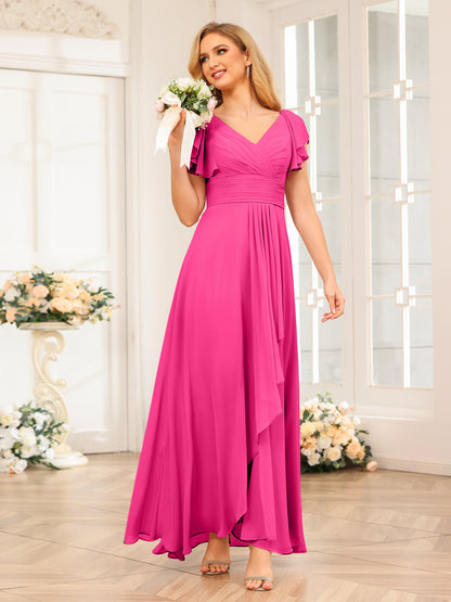 Forme Princesse Col V Longue Robes de soirée de mariage avec Volants