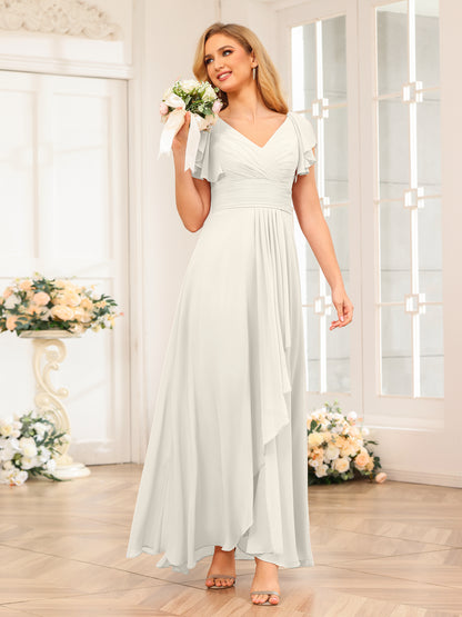 Forme Princesse Col V Longue Robes de soirée de mariage avec Volants