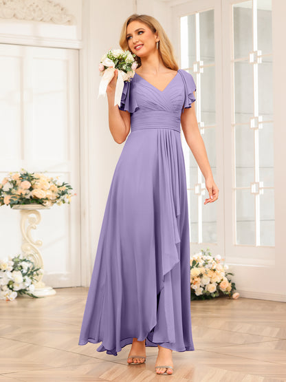 Forme Princesse Col V Longue Robes de soirée de mariage avec Volants