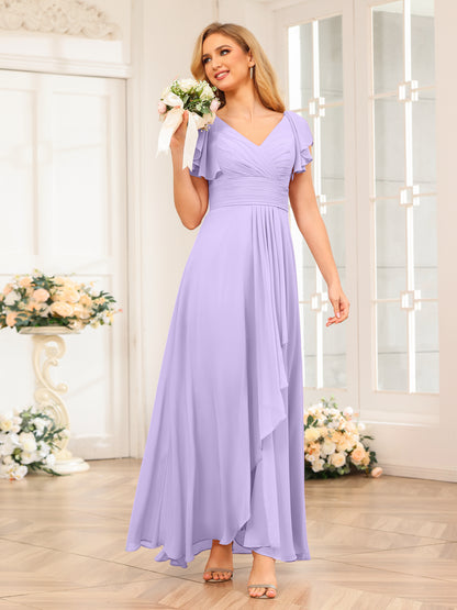 Forme Princesse Col V Longue Robes de soirée de mariage avec Volants