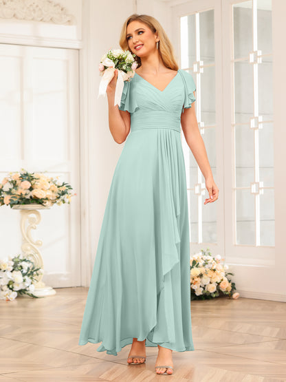 Forme Princesse Col V Longue Robes de soirée de mariage avec Volants