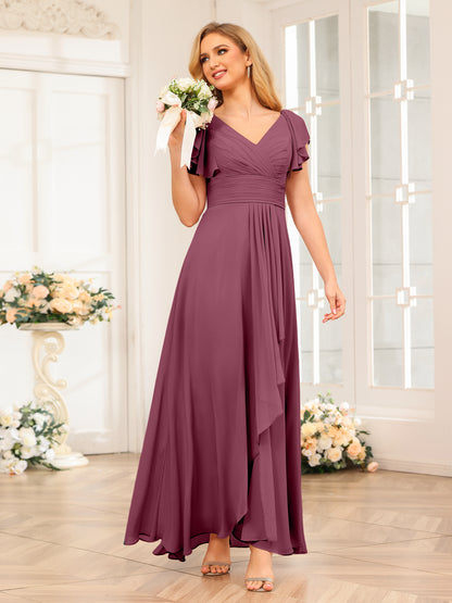 Forme Princesse Col V Longue Robes de soirée de mariage avec Volants