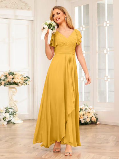 Forme Princesse Col V Longue Robes de soirée de mariage avec Volants