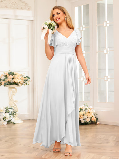Forme Princesse Col V Longue Robes de soirée de mariage avec Volants