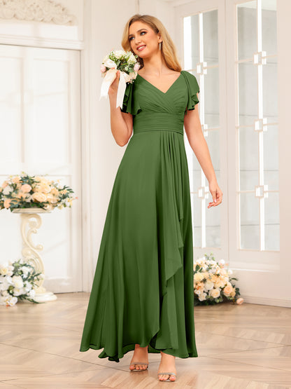 Forme Princesse Col V Longue Robes de soirée de mariage avec Volants