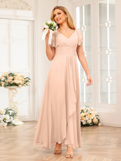 Forme Princesse Col V Longue Robes de soirée de mariage avec Volants