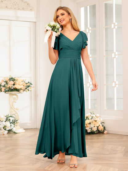 Forme Princesse Col V Longue Robes de soirée de mariage avec Volants