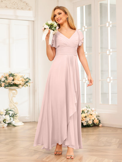Forme Princesse Col V Longue Robes de soirée de mariage avec Volants