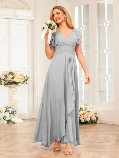 Forme Princesse Col V Longue Robes de soirée de mariage avec Volants