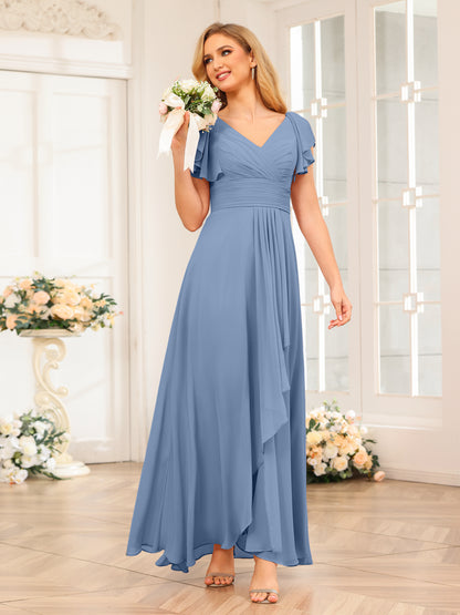 Forme Princesse Col V Longue Robes de soirée de mariage avec Volants