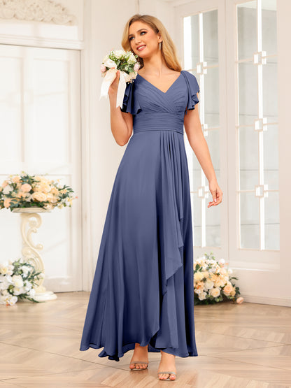 Forme Princesse Col V Longue Robes de soirée de mariage avec Volants